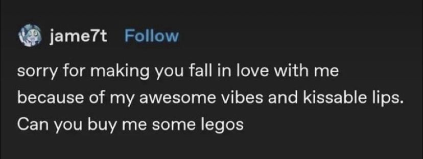 A screenshot of a social media post by user 'jame7t' with a dark background. The post text reads: 'sorry for making you fall…