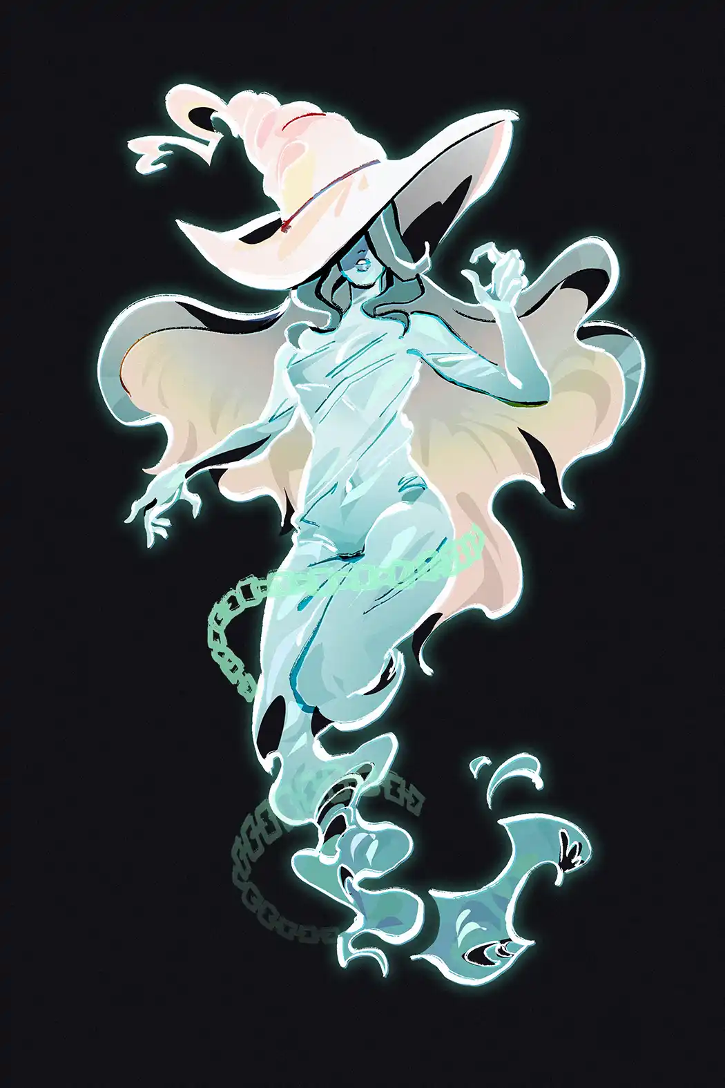 A stylized, glowing blue ghostly figure with a large, floppy pink hat and flowing cape, set against a black background. The…