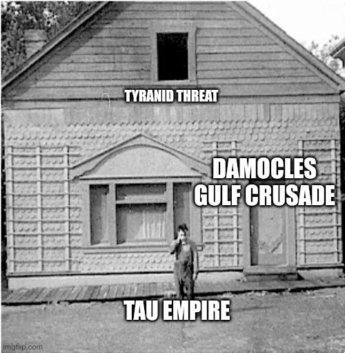 A black-and-white photo shows a young boy standing in front of a wooden house with three large text labels overlaid…