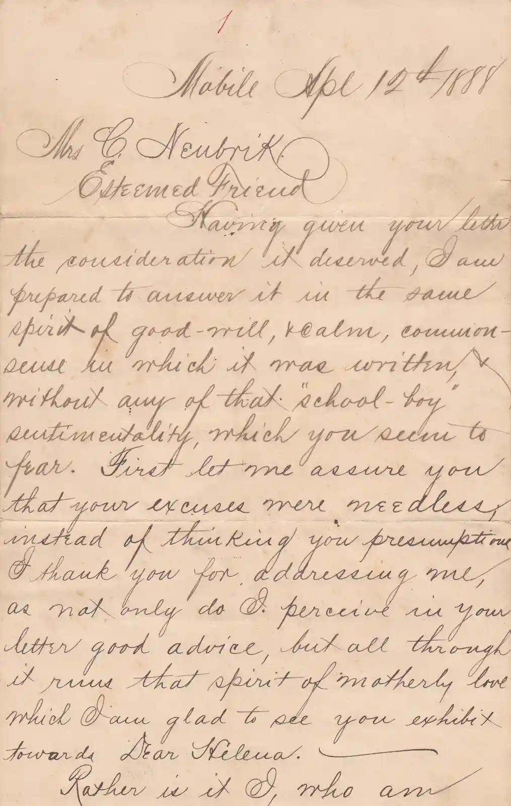 A vintage handwritten letter dated April 12, 1888, addressed to 'Mrs. C. Neubrik, Esteemed Friend,' written in elegant…
