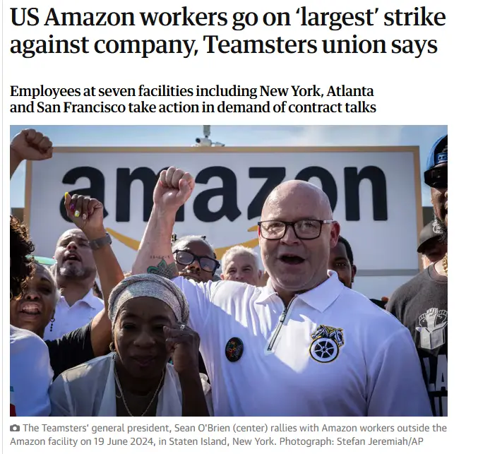 A photo from a news article shows a group of people, including Teamsters' general president Sean O'Brien, rallying outside…