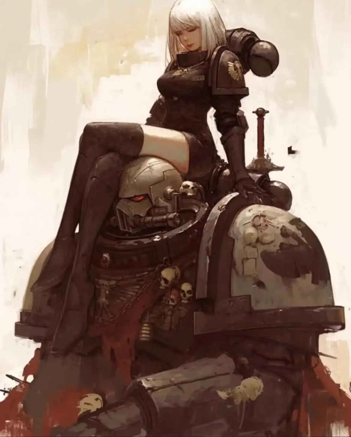 A woman with white hair and black armor sits casually atop a fallen, heavily damaged space marine in a grim, blood-stained…