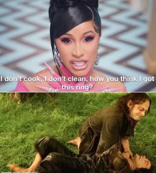 Top panel: Cardi B with dark hair in an updo, wearing a pink outfit, looking shocked or incredulous. Bottom panel: A man in…