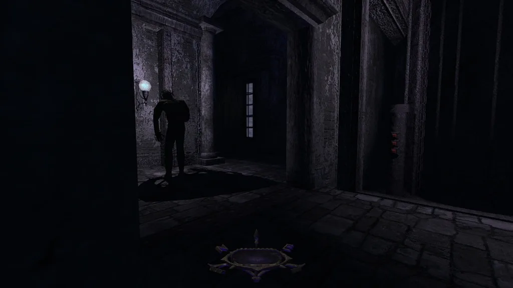 A first-person perspective from a dark, stone-floored hallway in a video game, where a silhouetted figure stands in the…
