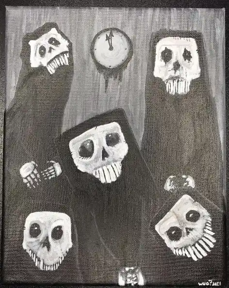 A black-and-white painting shows five skeletal figures in dark robes, resembling grim reapers, arranged around a melting…
