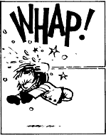 A black-and-white comic panel shows a cartoon character with spiky hair being violently struck from above, flying backward…