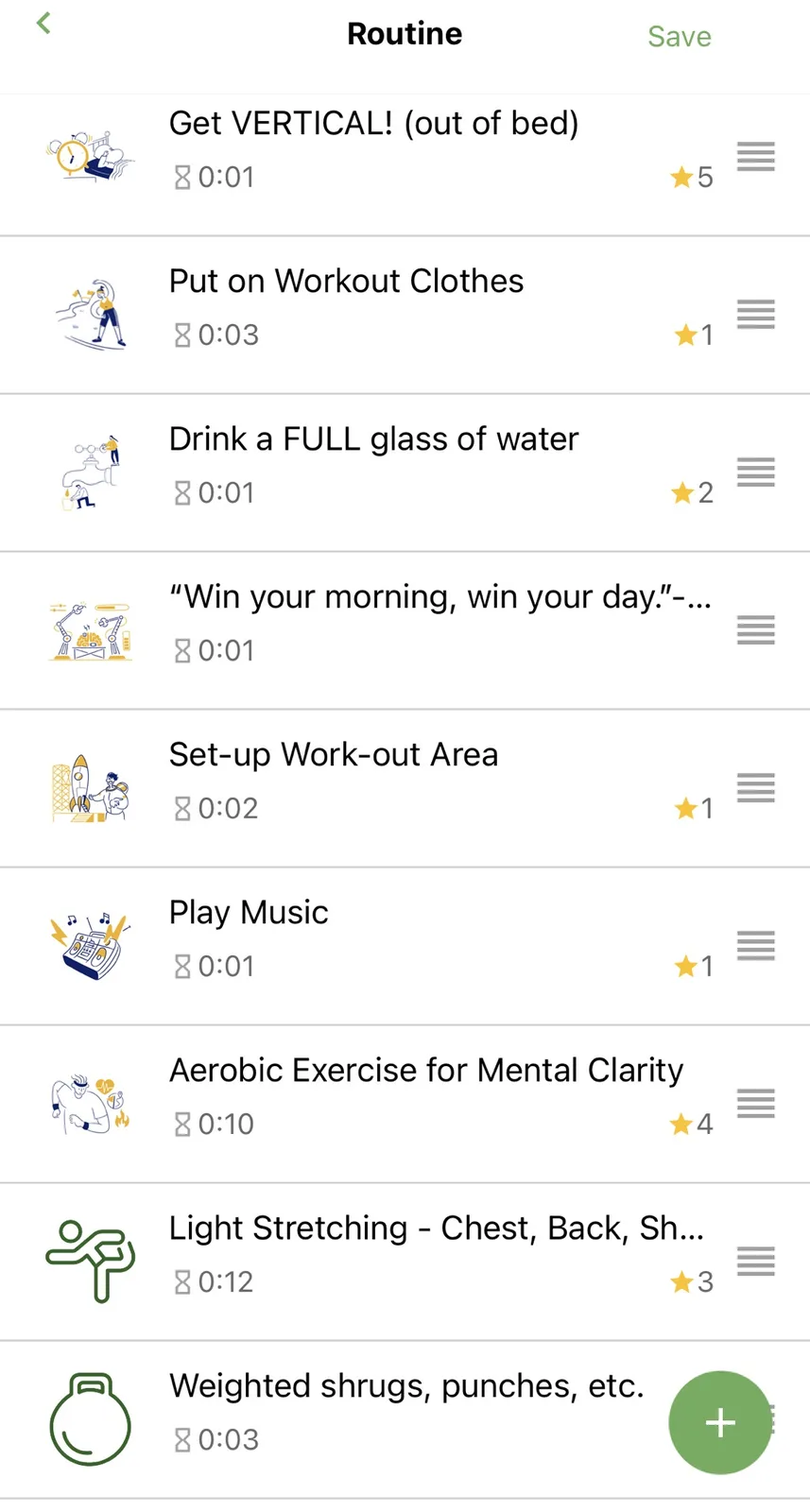 A screenshot of a mobile app's 'Routine' screen listing a morning workout schedule with icons and timed tasks like 'Get…