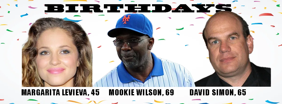 A celebratory birthday meme template with confetti background, featuring three headshots: Margarita Levieva (45), Mookie…