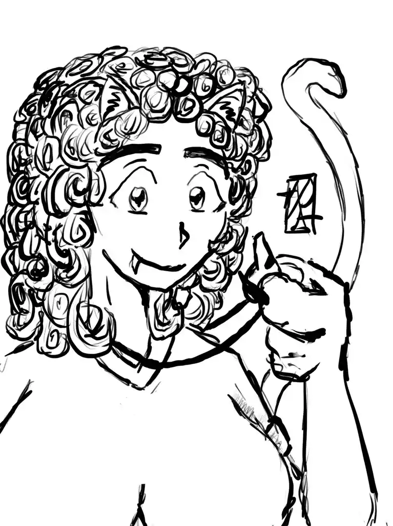 A black-and-white sketch shows a cartoon character with curly hair, a wide smile, and fangs, flexing their bicep which has a…