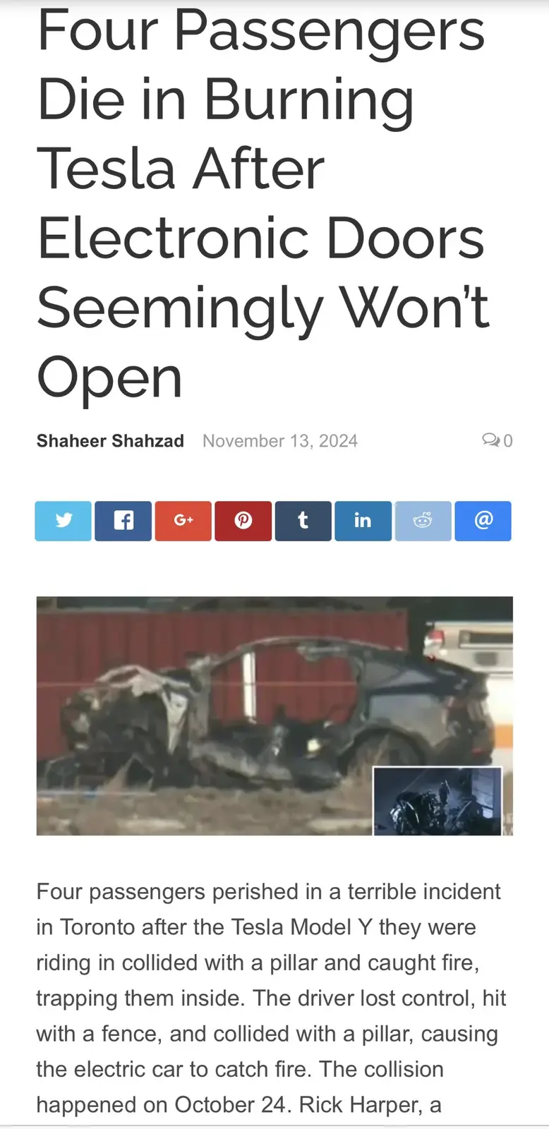 A screenshot of a news article with a headline about four passengers dying in a burning Tesla after electronic doors…
