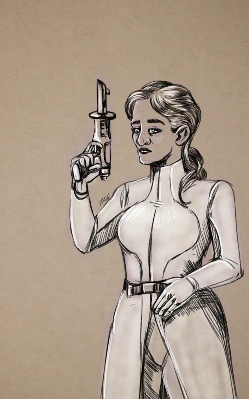 A black-and-white sketch depicts a woman with blonde hair in a ponytail, wearing a form-fitting white outfit with a high…