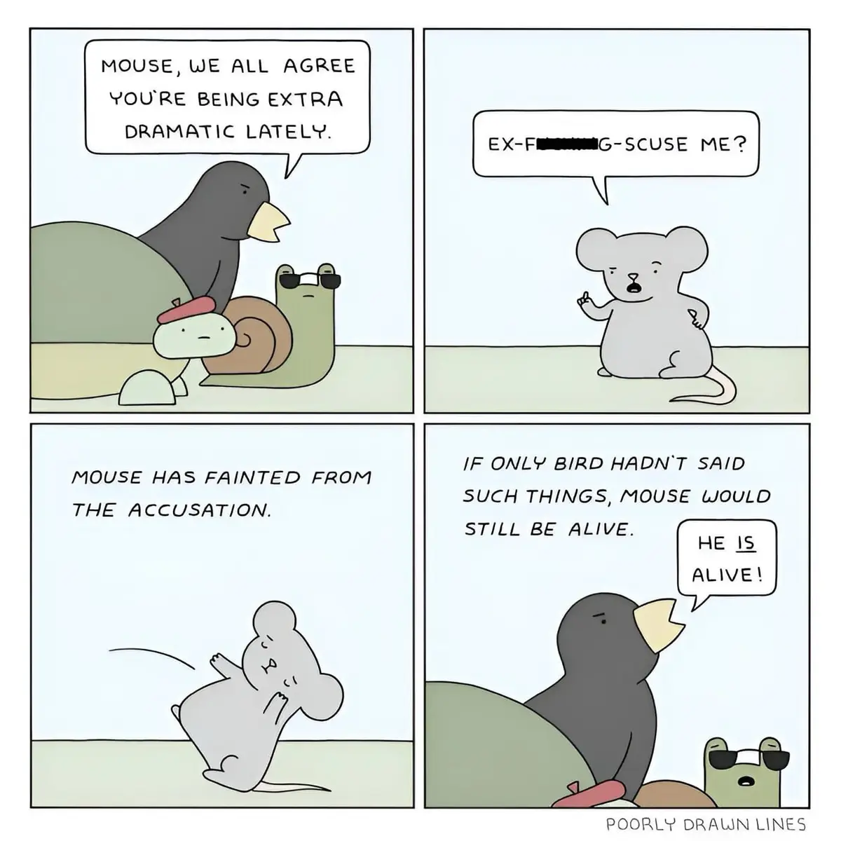 A four-panel comic strip featuring cartoon animals: a bird, a mouse, a snail, and a small creature. In the first panel, the…