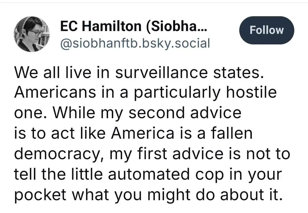 A screenshot of a tweet by EC Hamilton (Siobhan) on the social media platform Bluesky, featuring a profile picture of a…