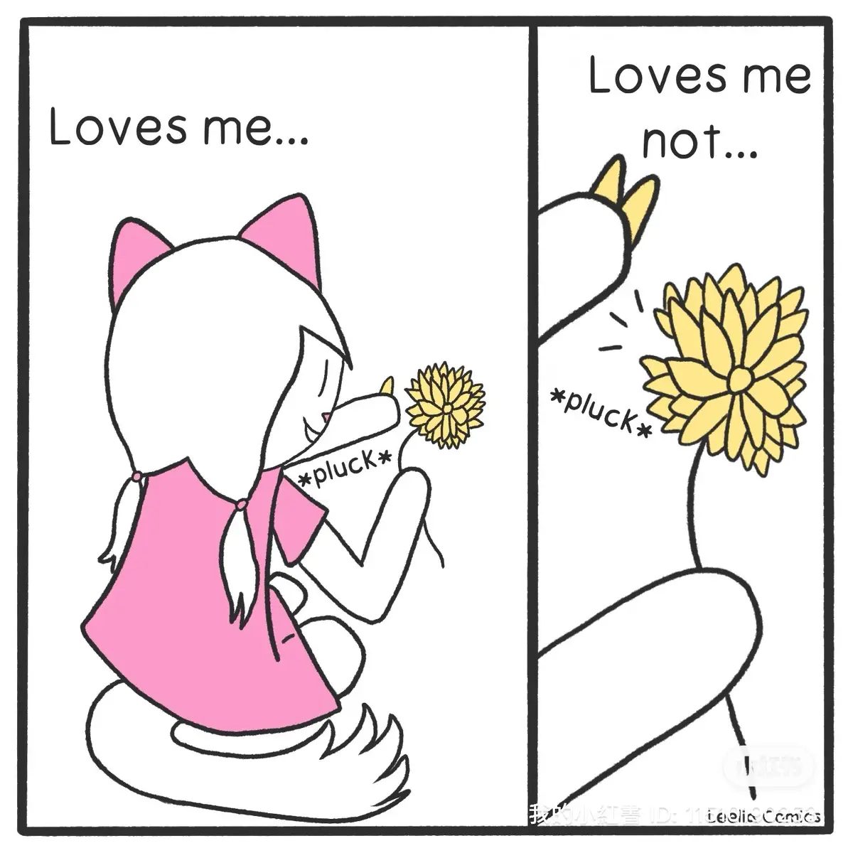 A two-panel comic shows a cartoon girl with pink cat ears and a pink dress plucking a small yellow flower while the text…