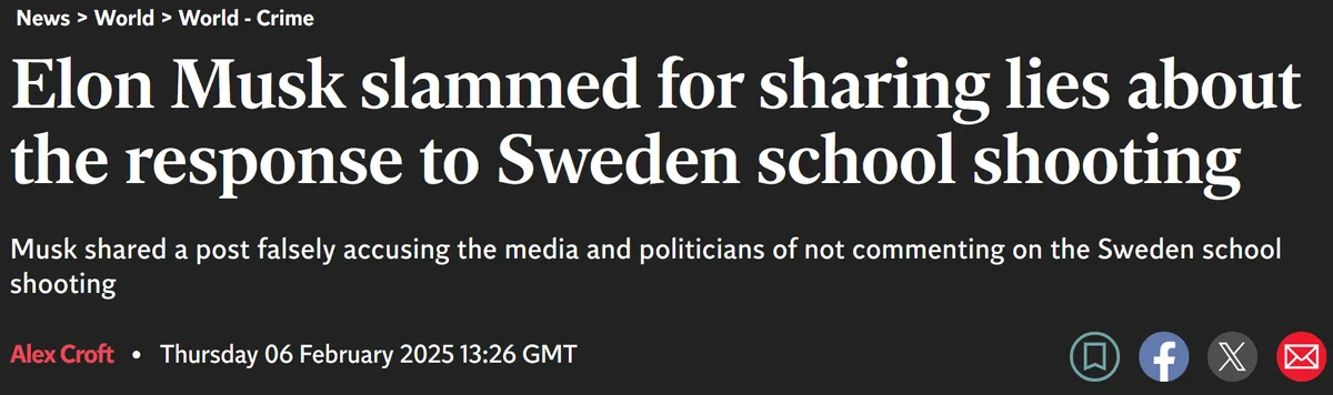 A screenshot of a news article with a black background and white text. The headline reads 'Elon Musk slammed for sharing…