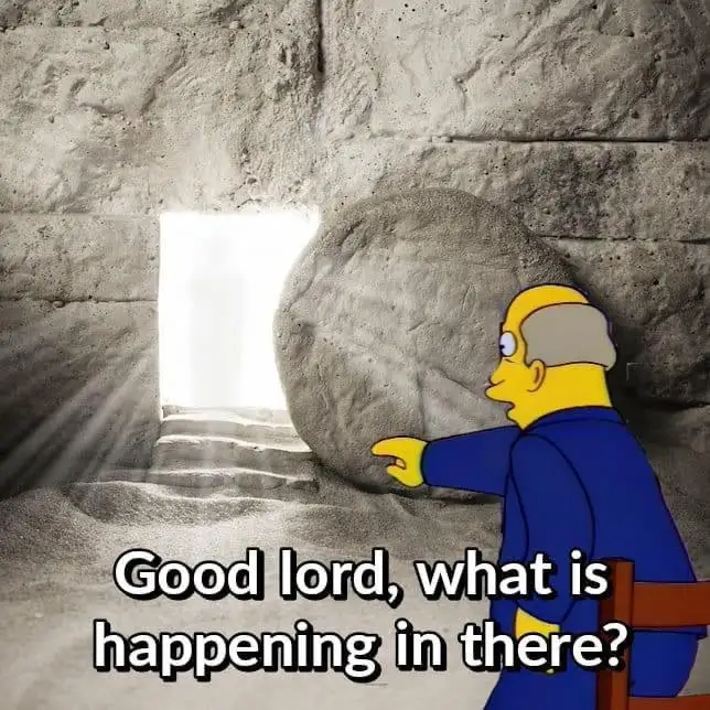 A cartoon character resembling a Simpsons-style man in a blue robe points at a large stone blocking a tomb entrance, with…