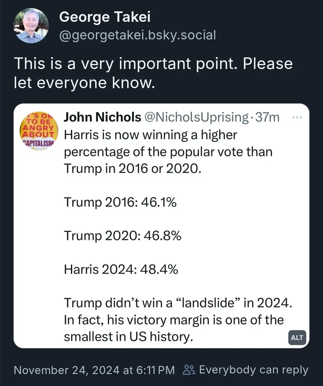 A screenshot of a social media post by George Takei, who is sharing a tweet from John Nichols. The tweet states that Harris…