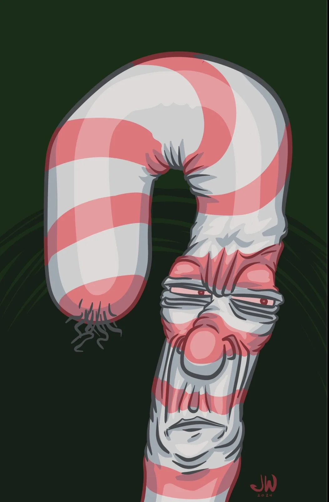 A cartoonish, anthropomorphic candy cane with a grumpy, wrinkled face, red nose, and squinted eyes, set against a dark green…