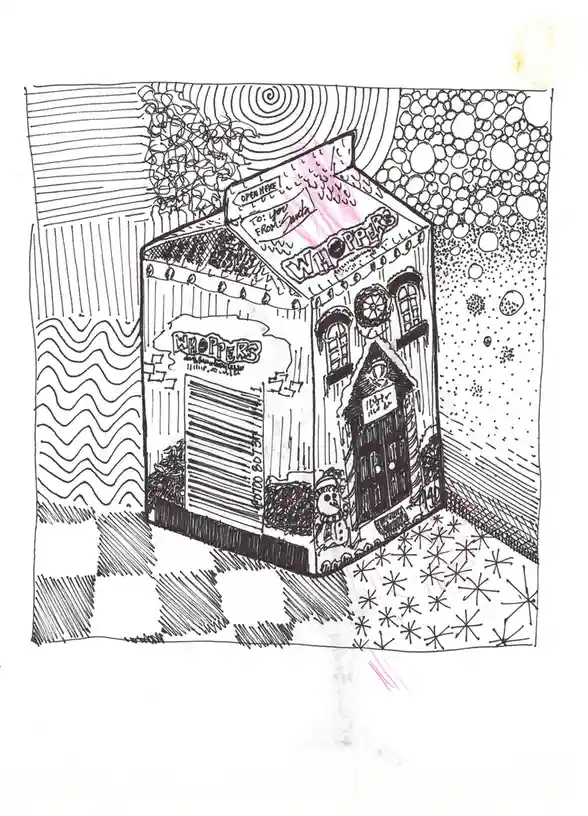 A hand-drawn black-and-white illustration depicts a whimsical, snow-covered building shaped like a Whopper burger box…