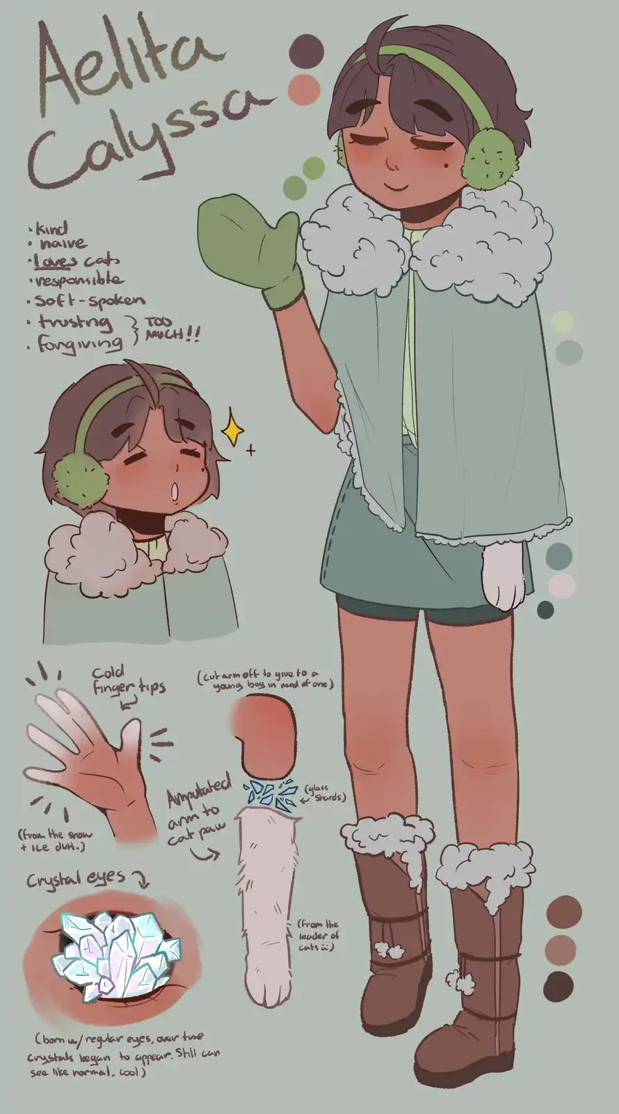 A character design sheet for 'Aelita Calyssa' shows a person with brown hair, green earmuffs, and a fluffy green coat. The…