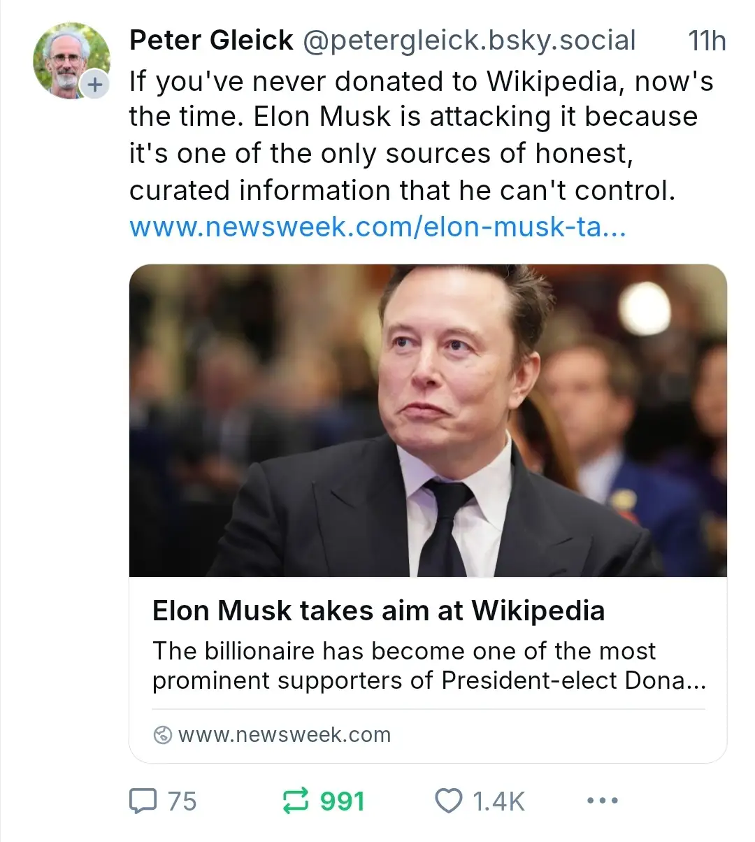 A screenshot of a social media post by Peter Gleick, featuring a photo of Elon Musk looking concerned. The post's text urges…