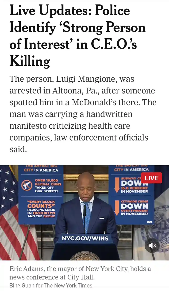 A screenshot of a New York Times article shows a headline about the arrest of Luigi Mangione in connection with a CEO's…