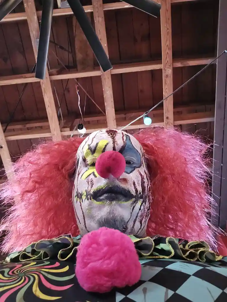 A person wearing a clown costume with a large pink wig, a red nose, and colorful face paint is shown indoors. The clown's…