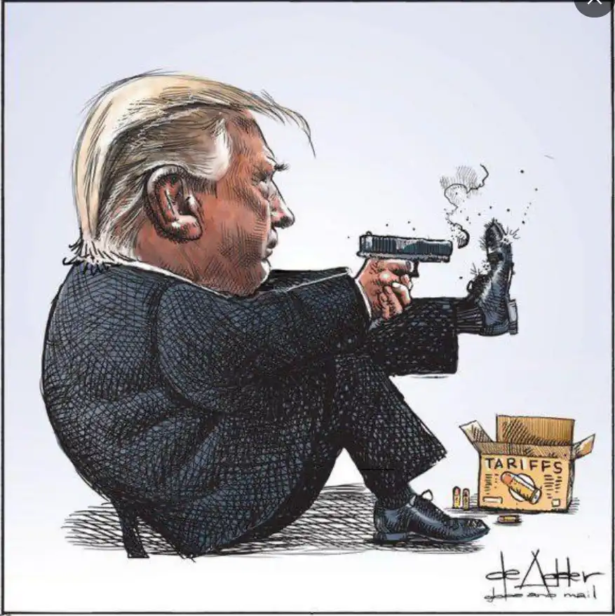 A cartoon depicts a caricature of Donald Trump sitting on the ground, holding a handgun and firing it at his own shoe…