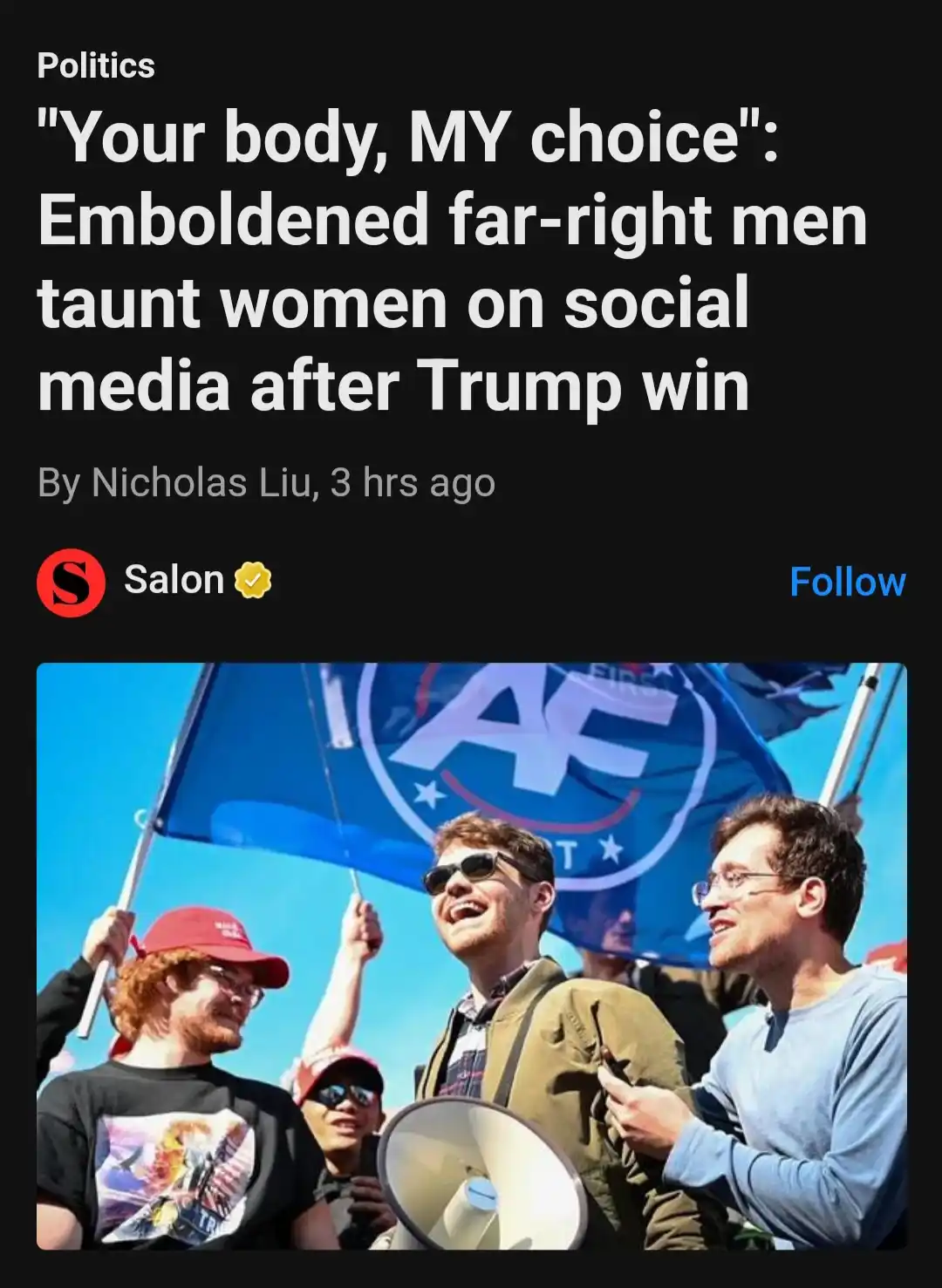 A screenshot of a Salon news article with a headline about far-right men taunting women after Trump's win, overlaid on a…