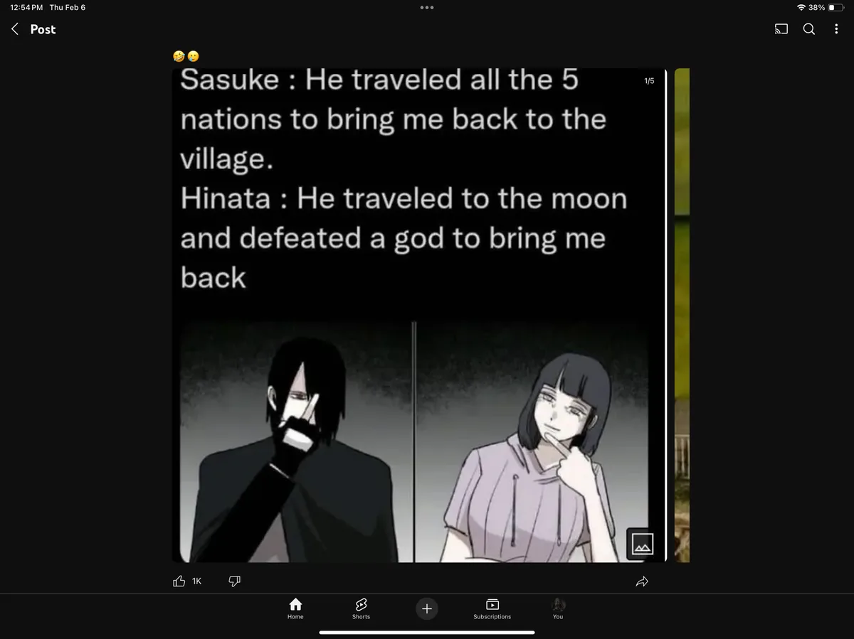 The image shows two anime characters, Sasuke Uchiha and Hinata Hyuga, in a split-panel format. Sasuke is depicted with a…