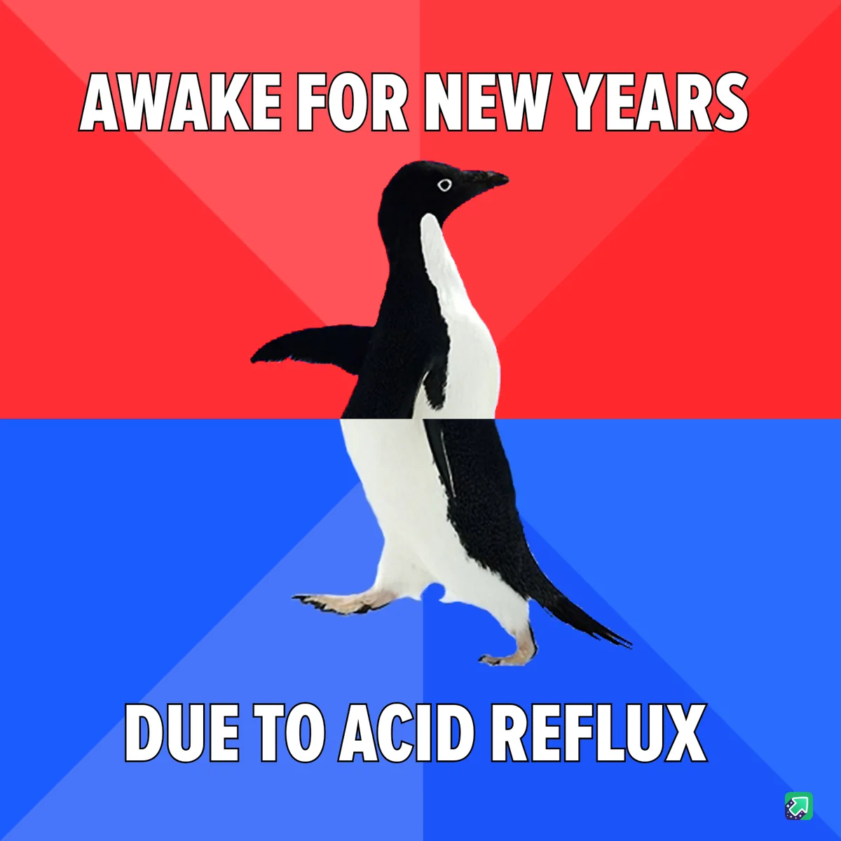 A black-and-white penguin stands centered against a red-and-blue background, with the text 'AWAKE FOR NEW YEARS' above and…