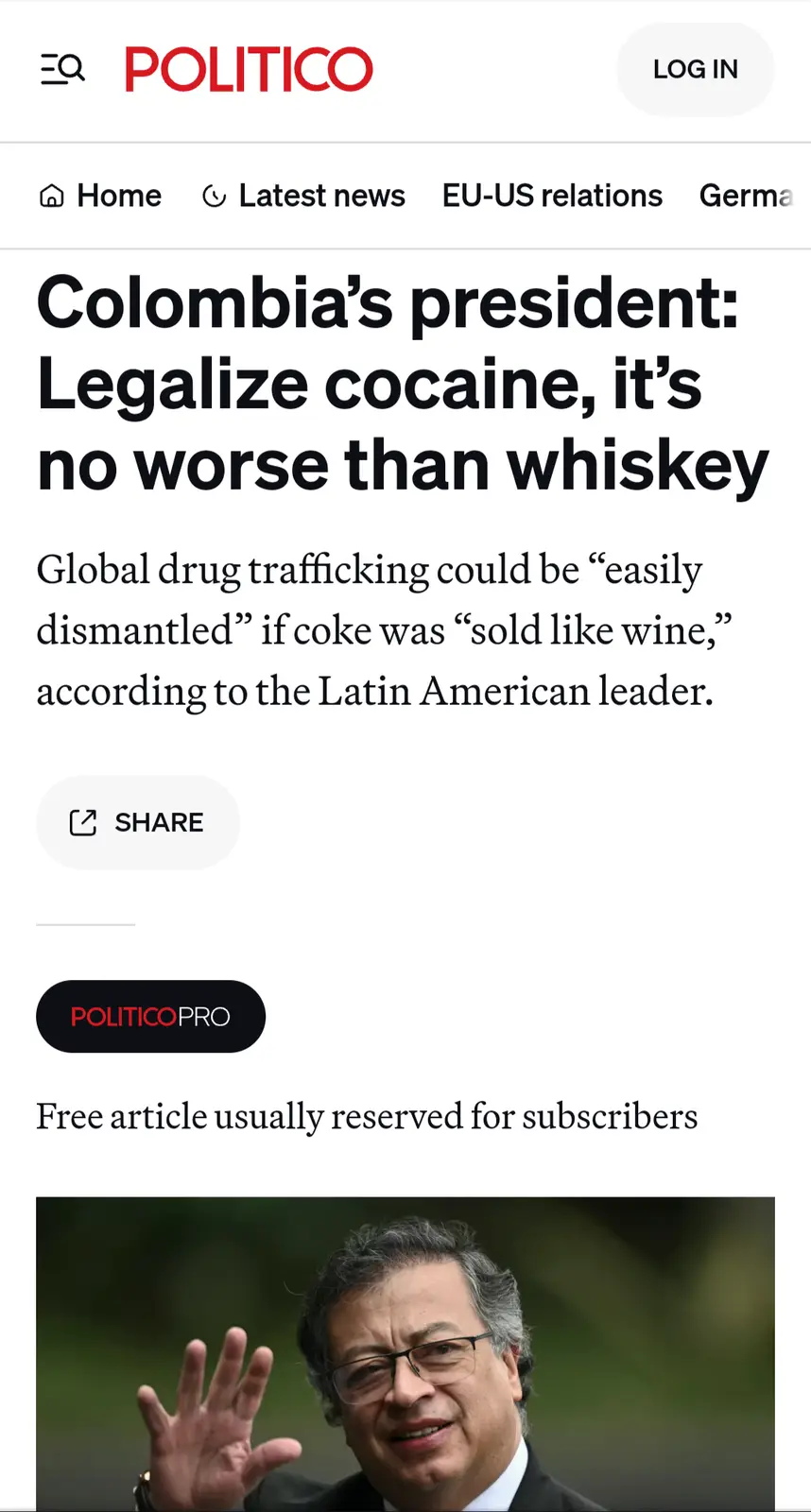 A screenshot of a Politico article shows a headline claiming Colombia's president said cocaine is no worse than whiskey…