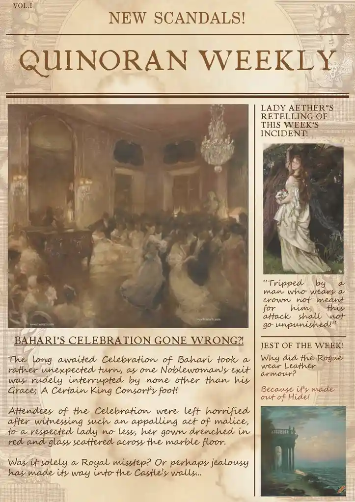 This image is a parody newspaper front page titled 'QUINORAN WEEKLY' with the headline 'NEW SCANDALS!'. The main article…