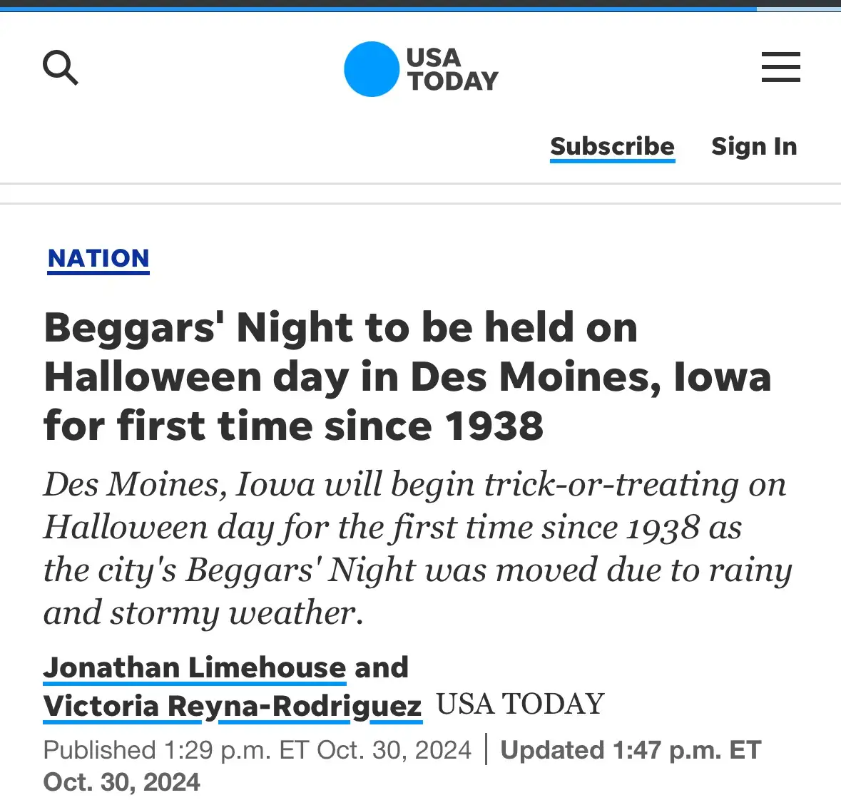 A screenshot of a USA TODAY news article headline announcing that Des Moines, Iowa will hold its annual Beggars' Night on…