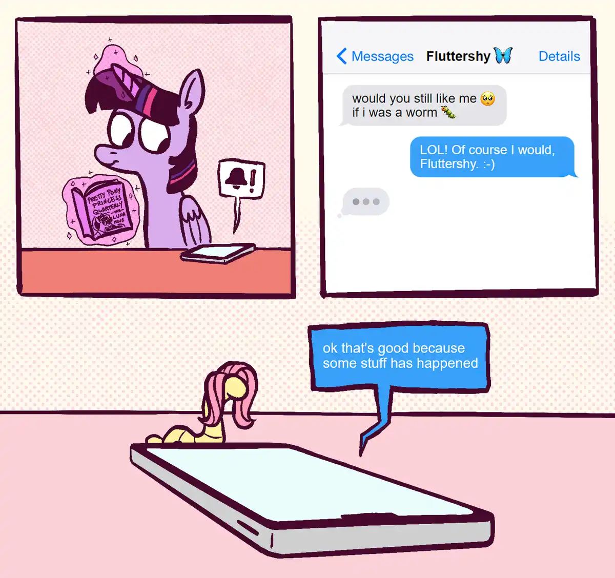 A cartoon pony with purple hair and a hat reads a book titled 'Pretty Pony Princess Quarterly' while a smartphone…