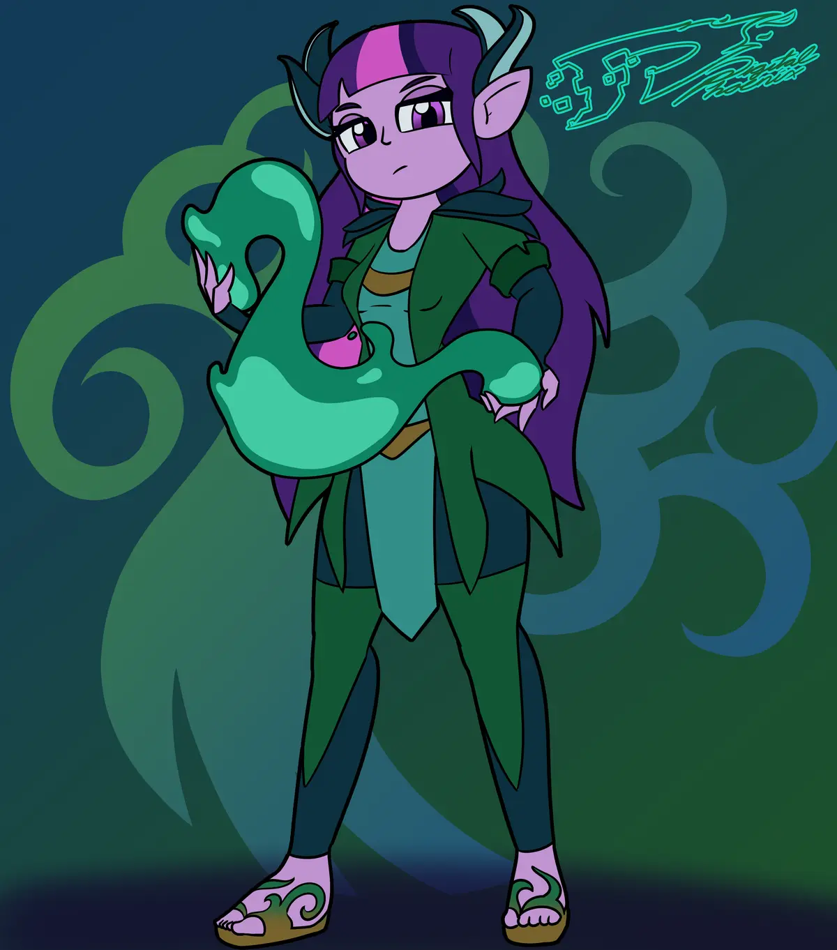 A purple-skinned, horned, elf-eared character with long purple hair is holding a large green snake. The character wears a…