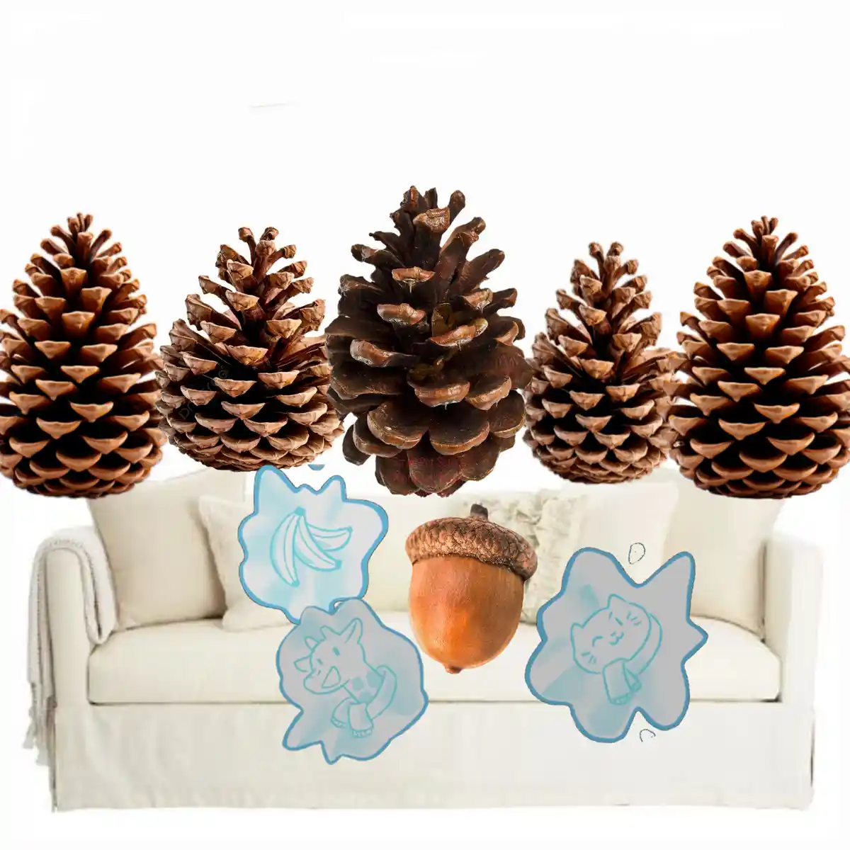 Five pinecones float above a white couch, with a single acorn and three light-blue, cartoon-style thought bubbles below. The…