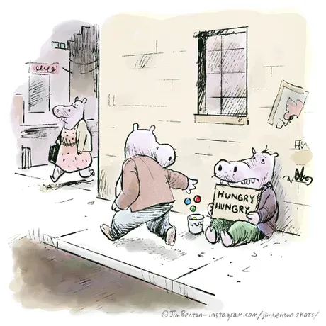 A cartoon drawing shows a hippopotamus sitting on a sidewalk holding a sign that reads 'HUNGRY HUNGRY' while another…