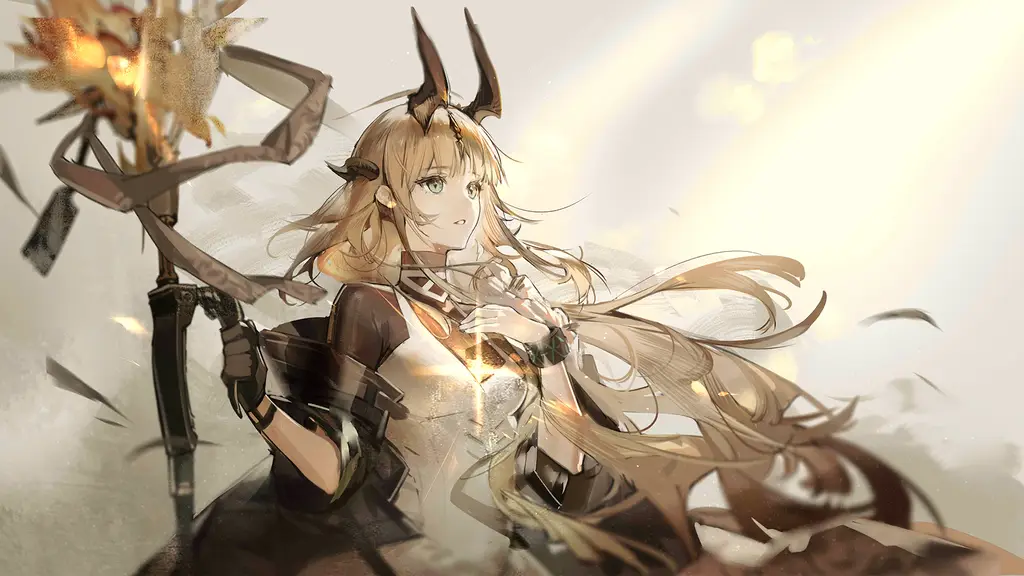An anime-style female character with long blonde hair and small horns holds a flaming staff, looking slightly annoyed or…