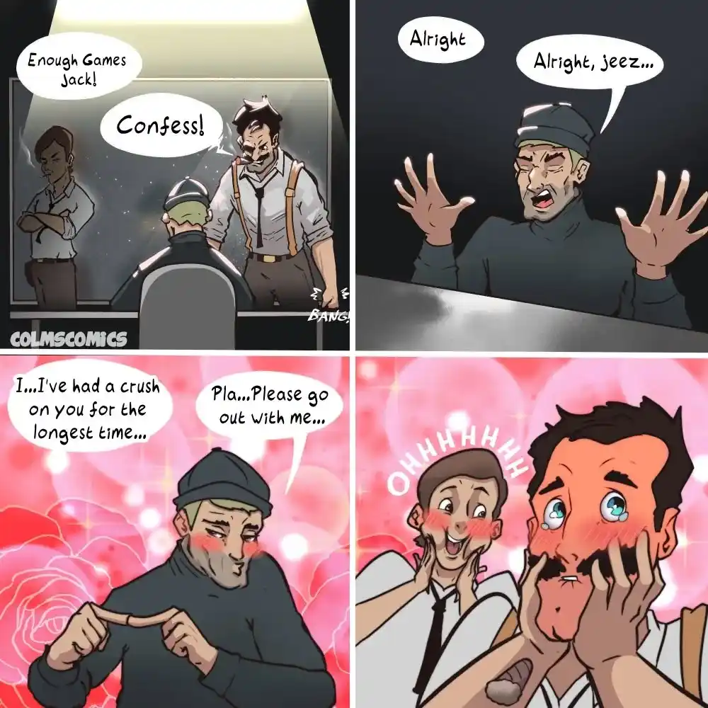 A four-panel comic strip shows a man being interrogated, then confessing a romantic crush on his interrogator, who reacts…