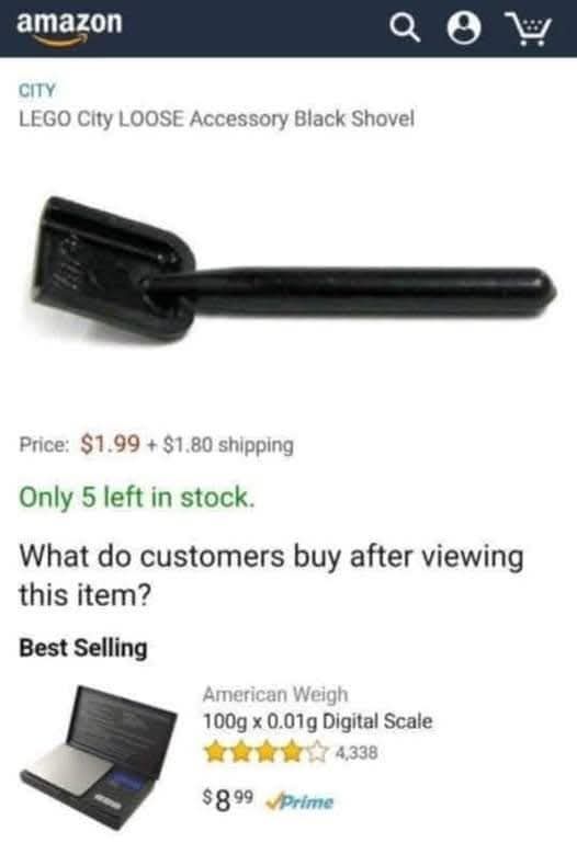 An Amazon product page for a LEGO City black shovel accessory priced at $1.99 plus shipping, showing only 5 left in stock…
