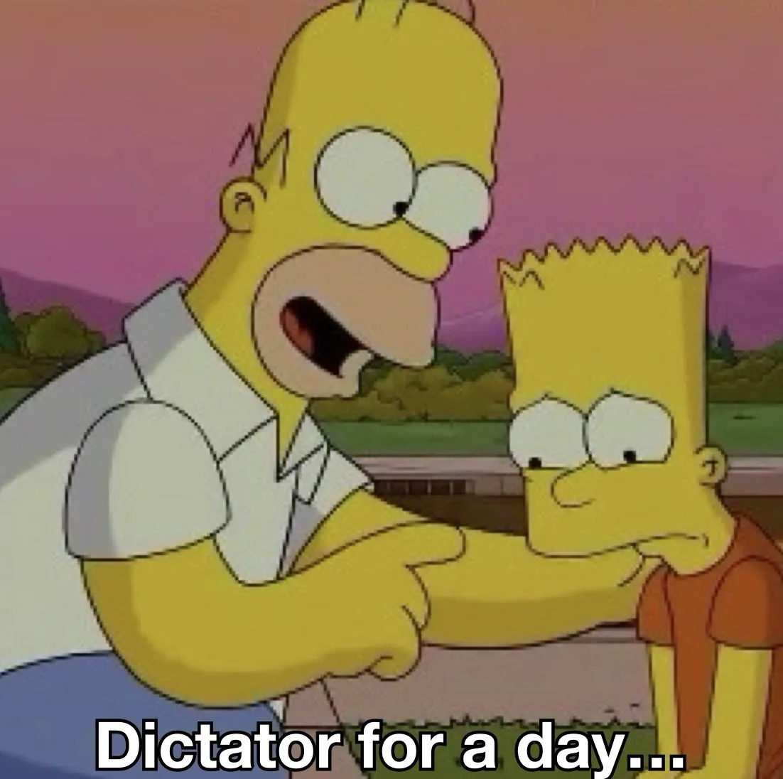 Homer Simpson, in a white shirt, is yelling with an angry expression while pointing at Bart Simpson, who looks smug and…