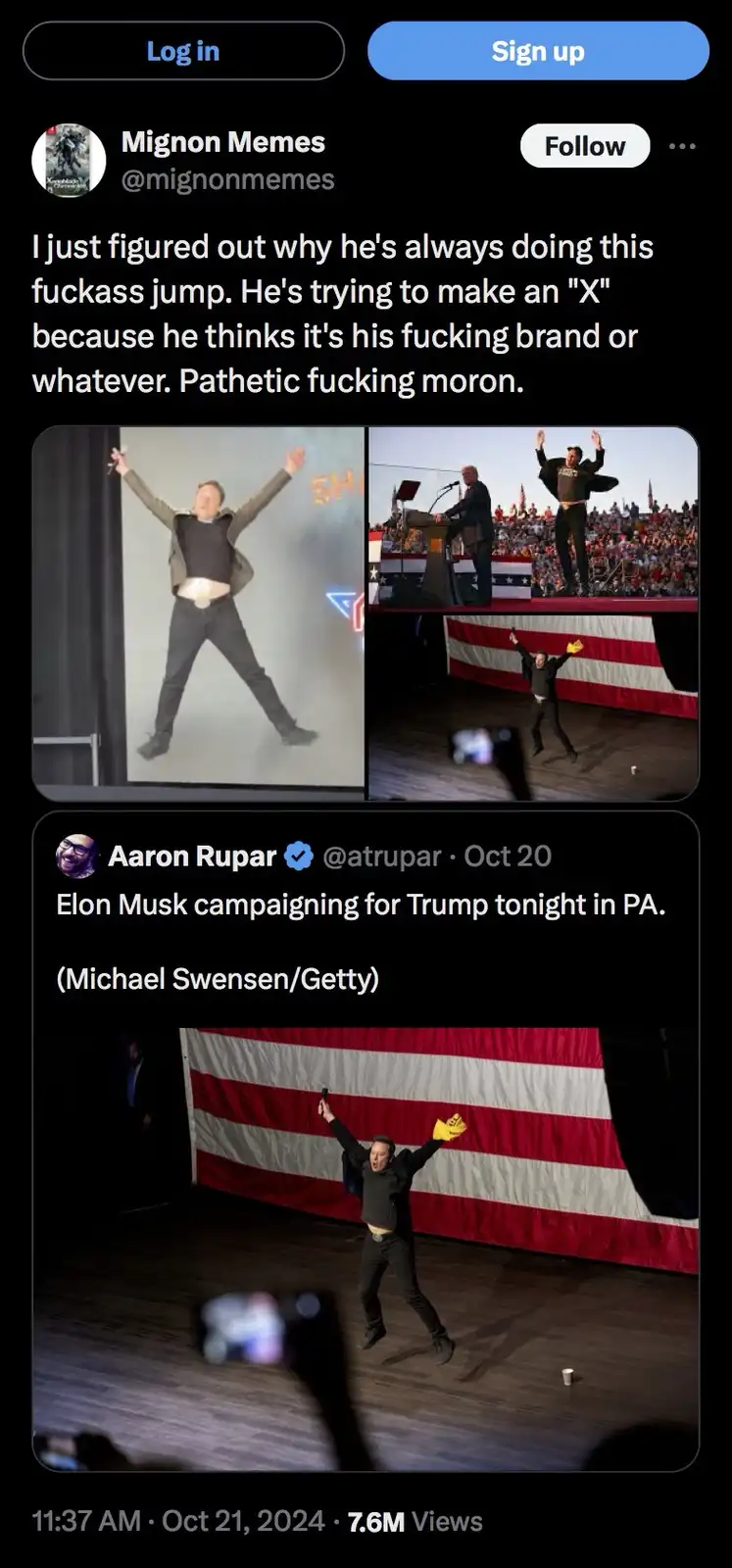 A collage of images shows Elon Musk jumping on stage with his arms and legs spread wide, forming an 'X' shape. The overlaid…