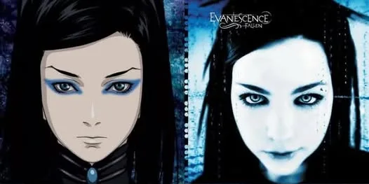 The image displays two side-by-side portraits of a woman with dark hair and intense blue eyes. The left side is a stylized…
