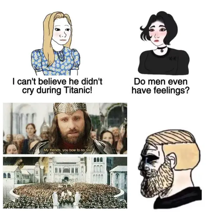 The meme features four panels: top left shows a blonde woman saying 'I can't believe he didn't cry during Titanic!'; top…
