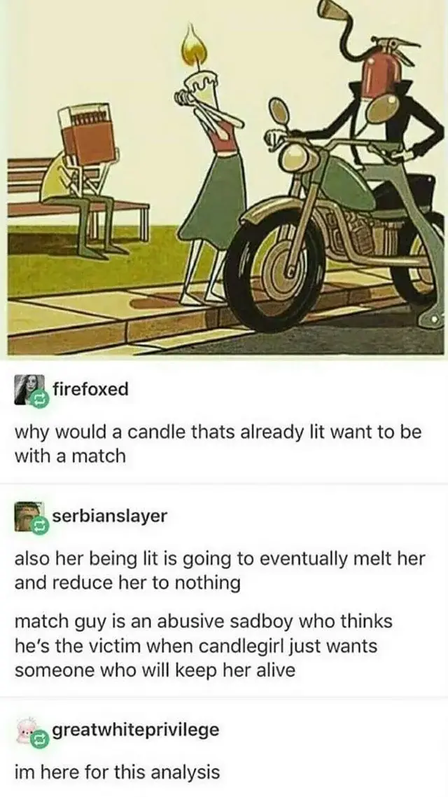A cartoon depicts a lit candle girl holding a matchstick, standing next to a fire extinguisher guy on a motorcycle. A…