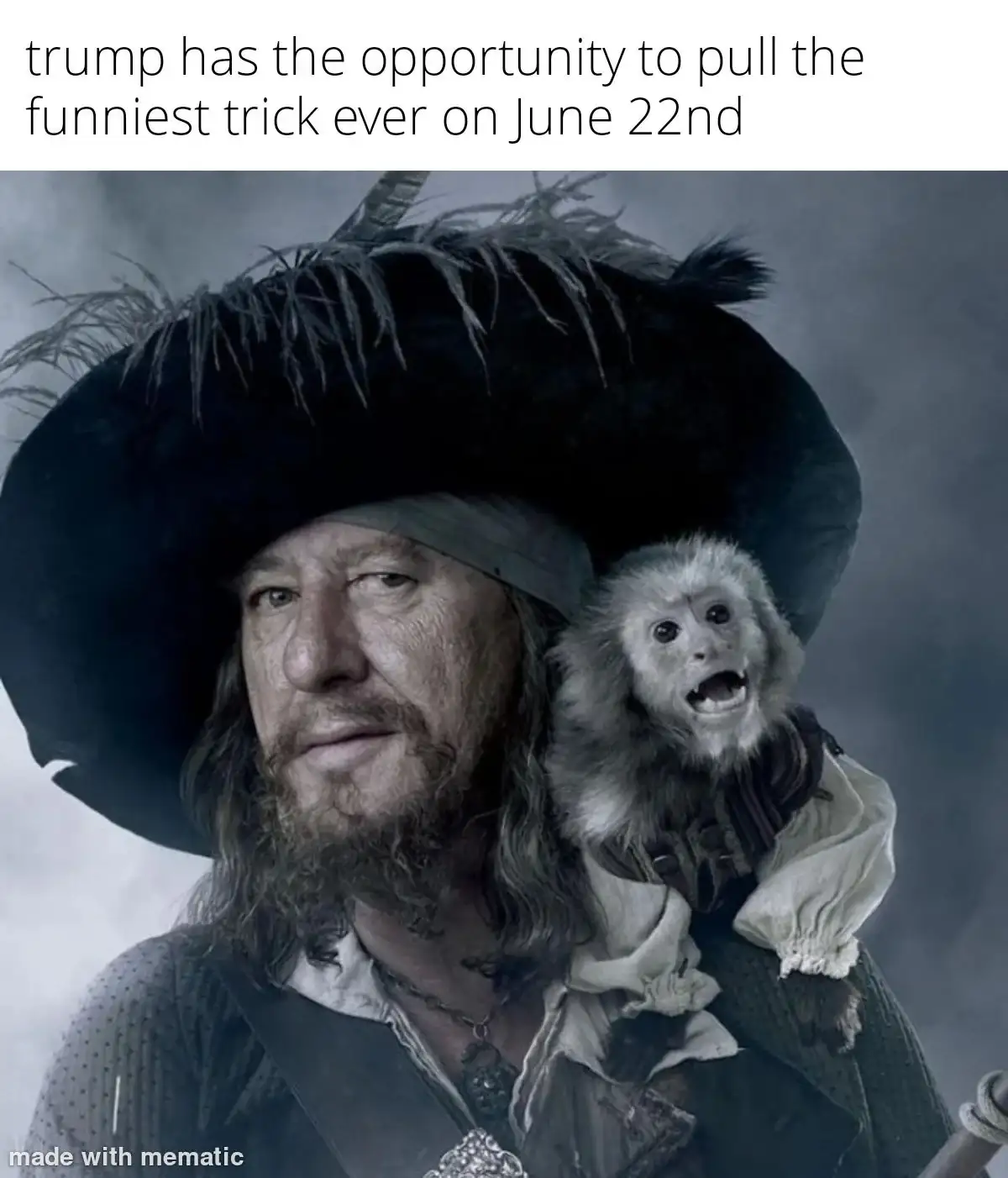 A man with a large black pirate hat and long hair, wearing a dark coat with a white ruffled collar, has a small monkey…