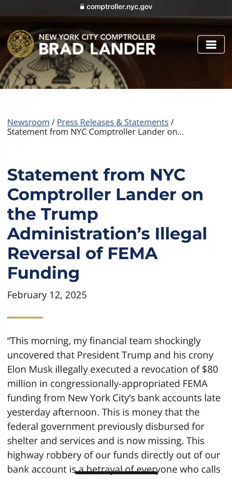 A screenshot of a fake press release from the NYC Comptroller's website, dated February 12, 2025, falsely claiming that…