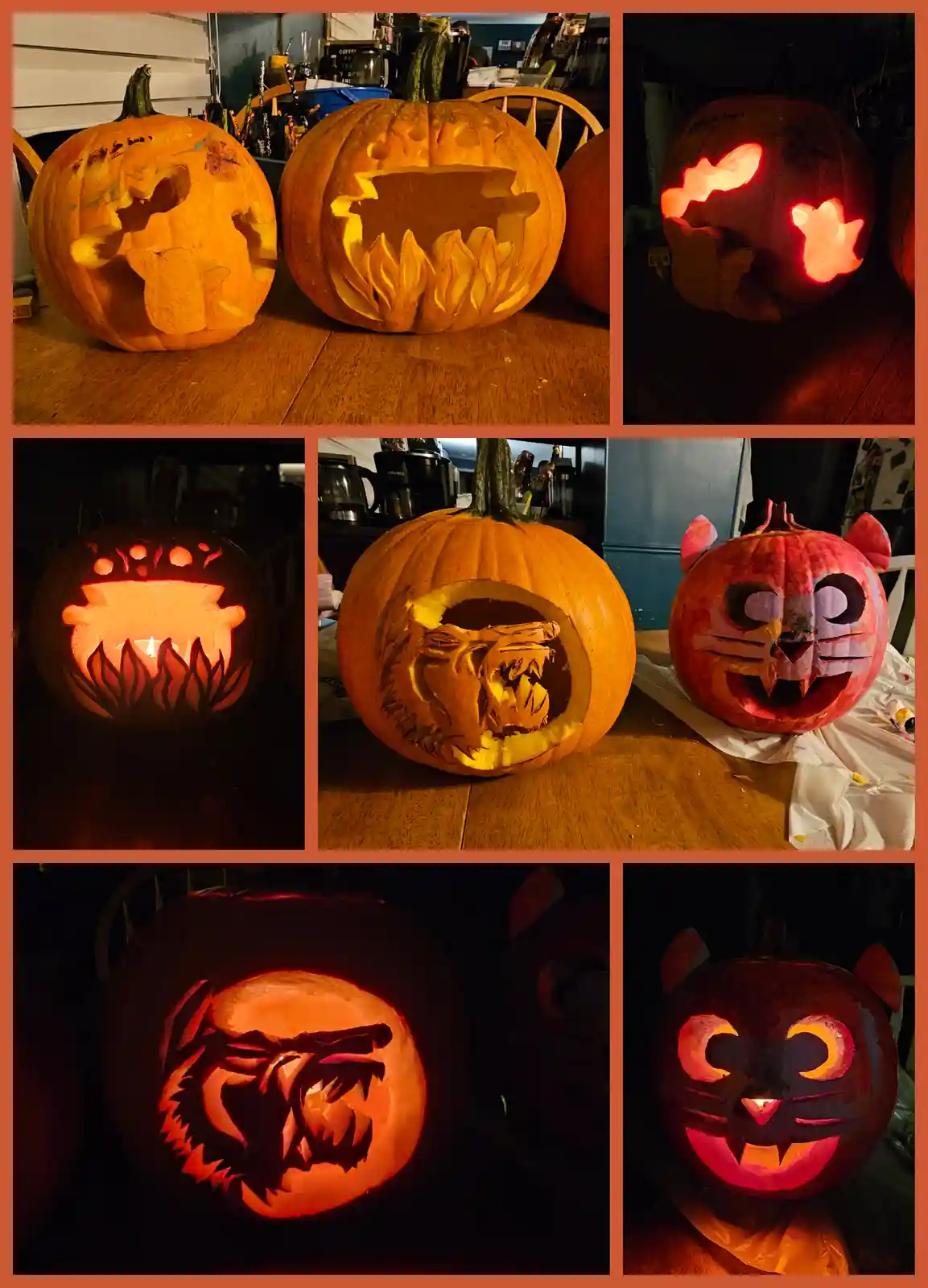 A collage of seven photos showing intricately carved Halloween pumpkins, some lit from within by candles, displaying various…