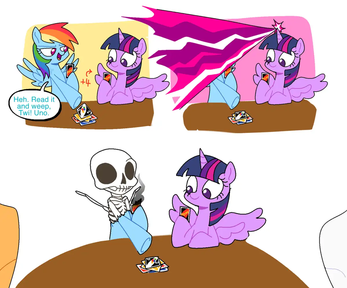 A three-panel comic shows Rainbow Dash and Twilight Sparkle playing Uno. In the first panel, Rainbow Dash smugly says 'Heh…